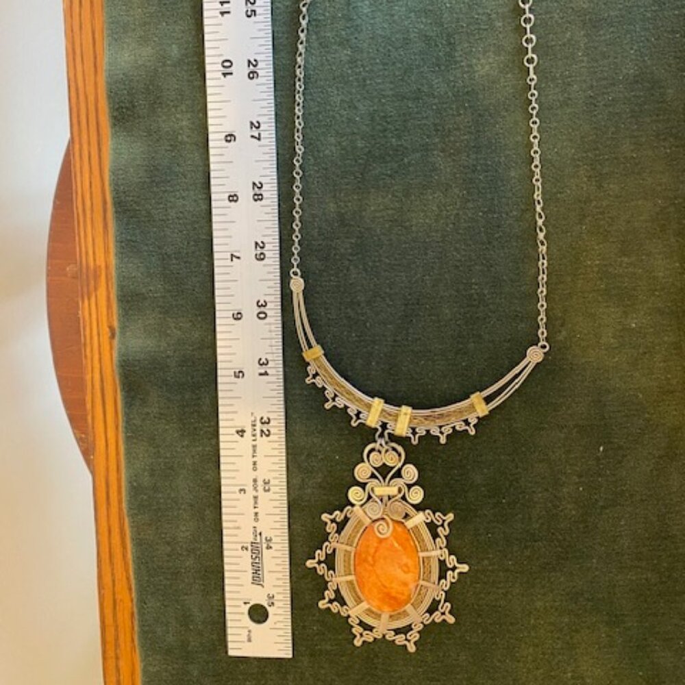 Statement necklace silver tone with large orange stone